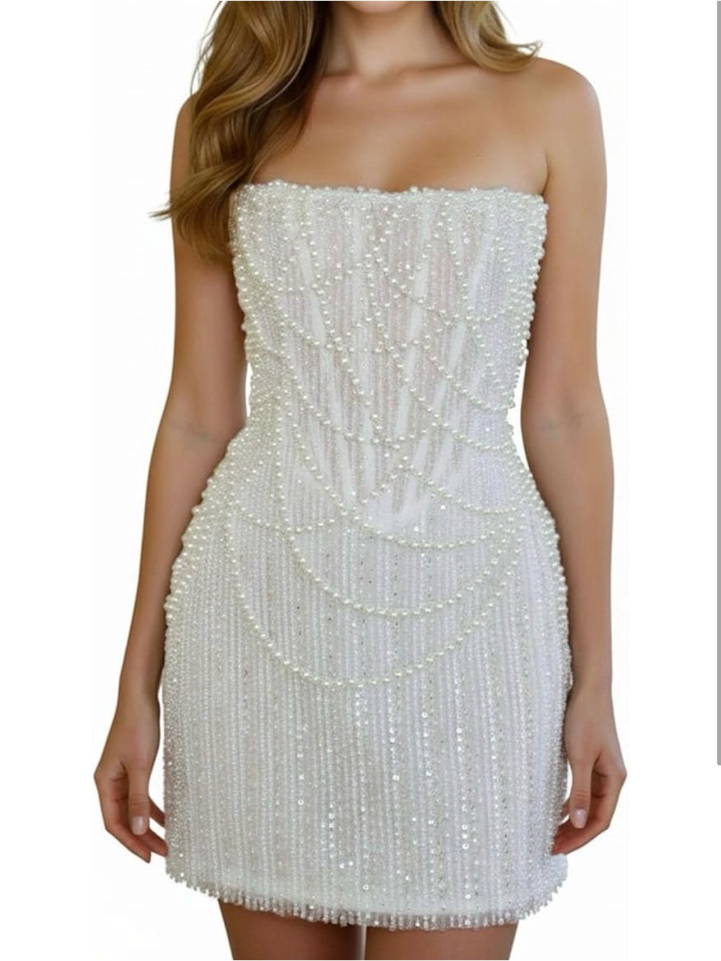 Handmade Romantic Pearl Strapless White Beaded Sequin Cocktail Dress